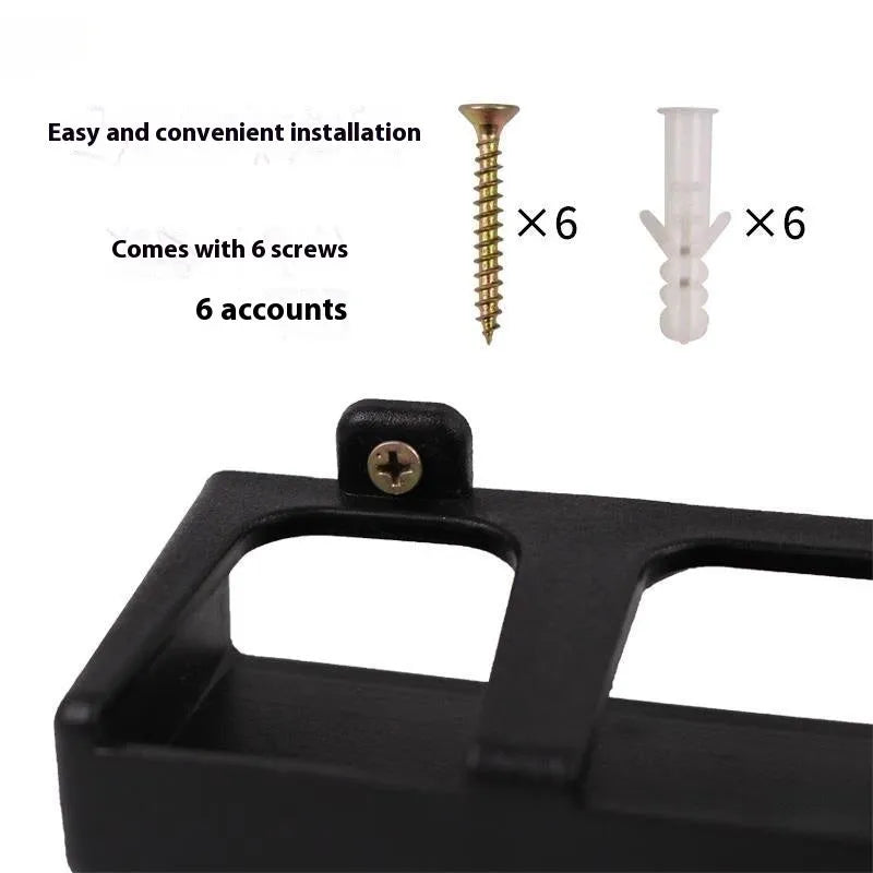 Black ABS plastic wall-mounted fishing rod storage rack showing horizontal and vertical mounting options