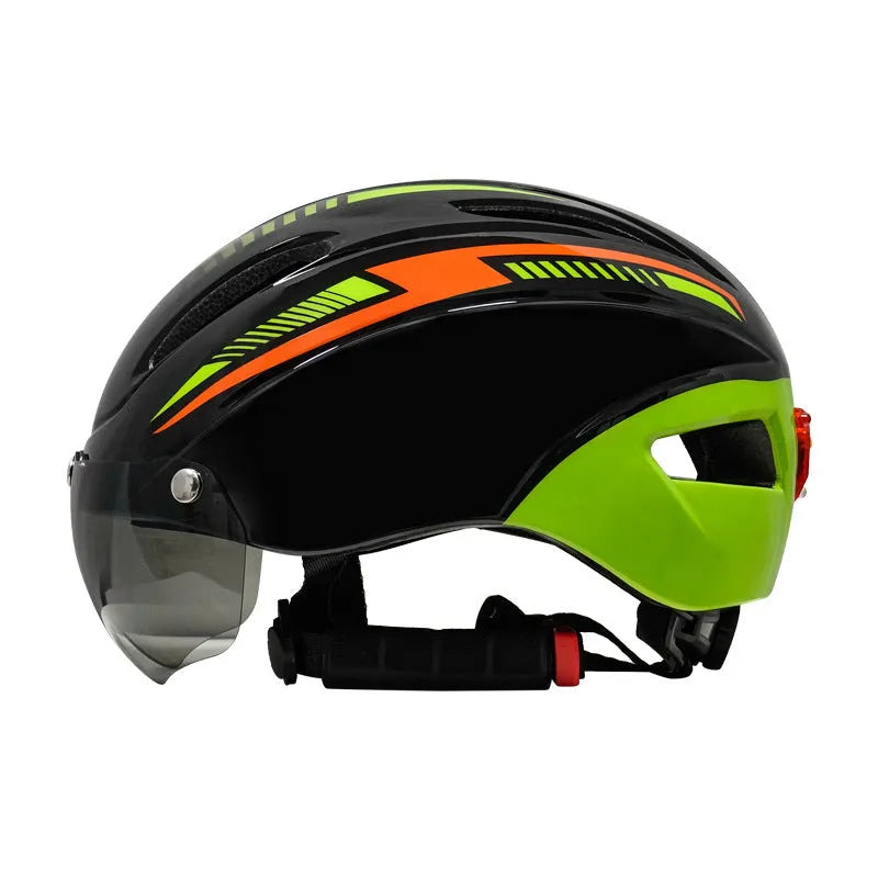 Adult bicycle helmet in Black Blue White colour scheme with adjustable straps and free size fit.