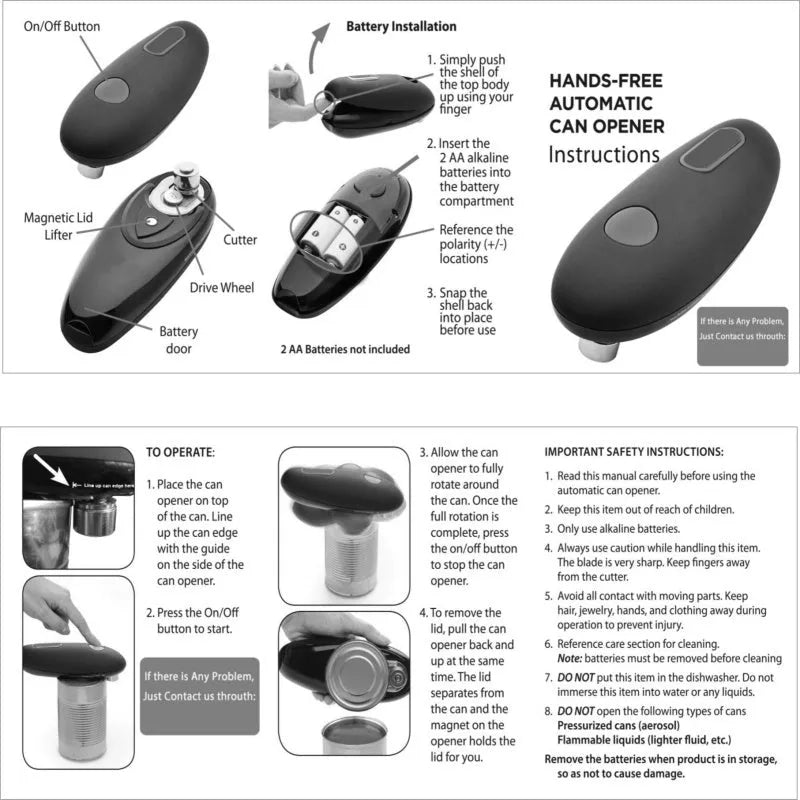 Black electric can opener with compact plastic design and battery compartment