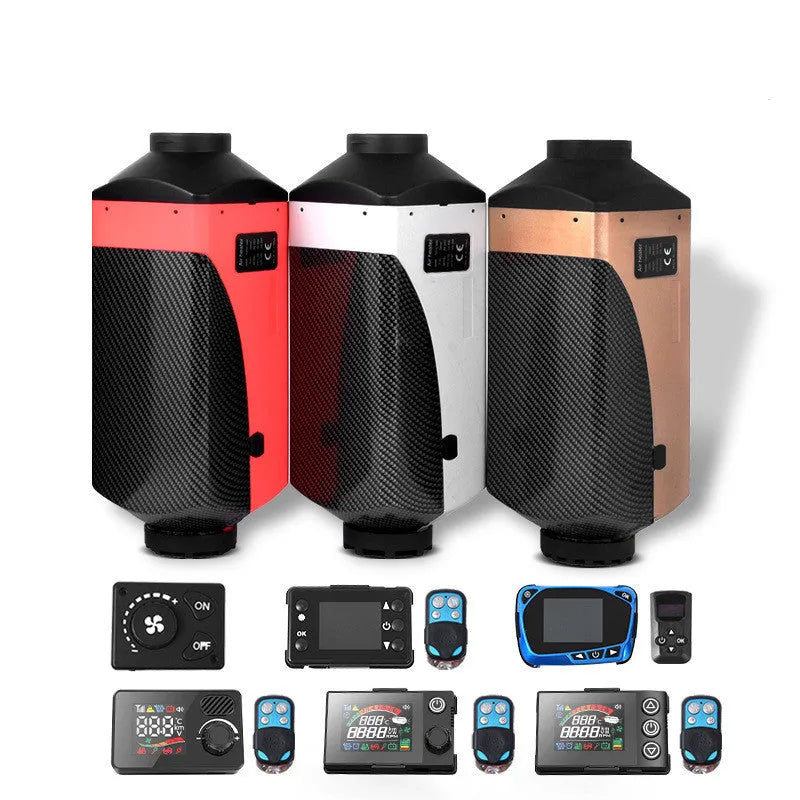 12V and 24V diesel air heater unit with fuel tank, pipes, and installation components for vehicle cabin heating.