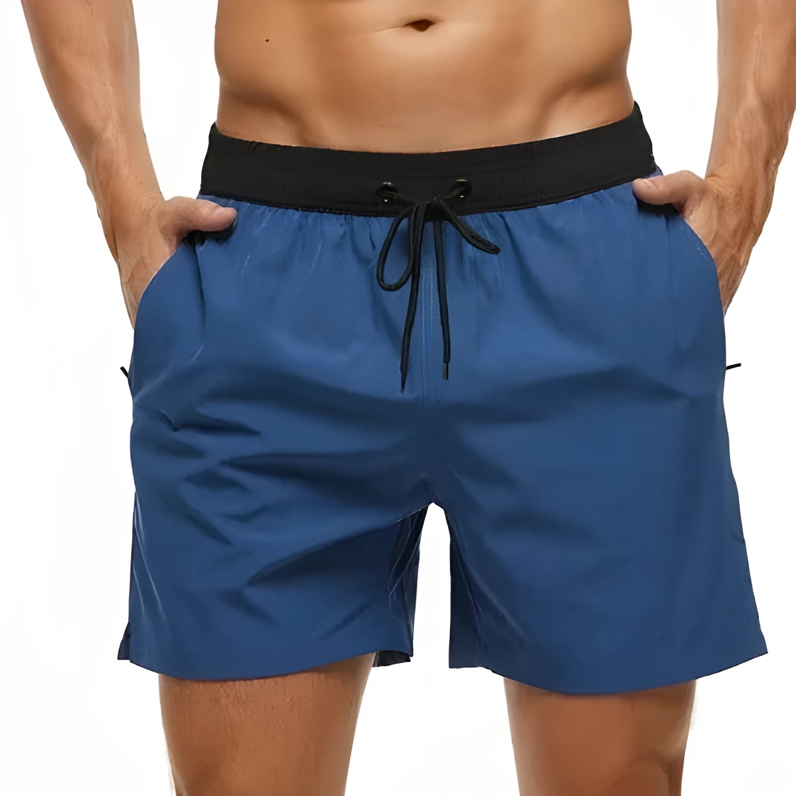 Men's blue stitching waist athletic shorts with a drawstring and zippered side pocket.
