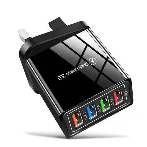 Luminous colour 4-port USB wall charger with choice of US, EU, or UK plug on a purple box.