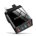 Luminous colour 4-port USB wall charger with choice of US, EU, or UK plug on a purple box.
