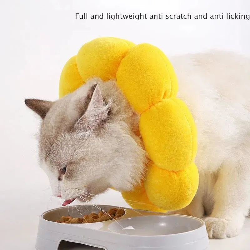 Sunflower patterned cotton recovery collar for a cat or small dog, showing adjustable band.