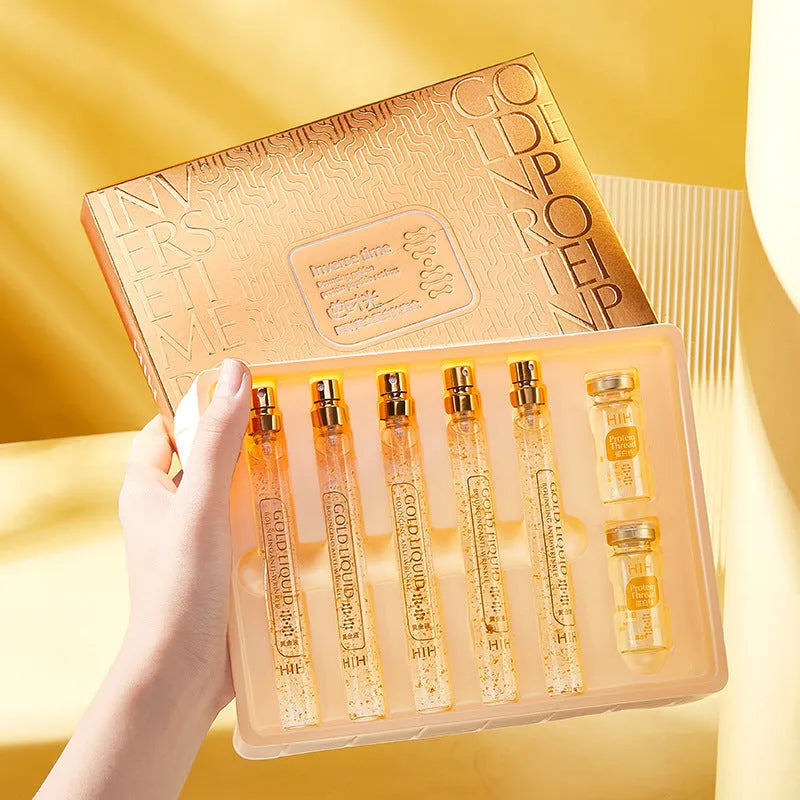 Gold protein peptide kit with 5 x 15ml essence bottles and 20 sticks in two containers