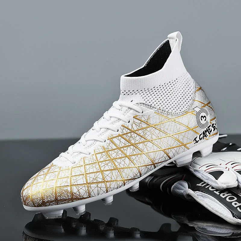 Soccer shoes with long and short spikes, rubber sole, high-top design, in black colour