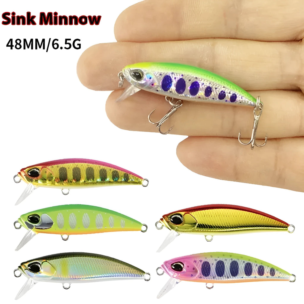 48mm hard body fishing lure for submerged mino technique, shown in multiple colours.