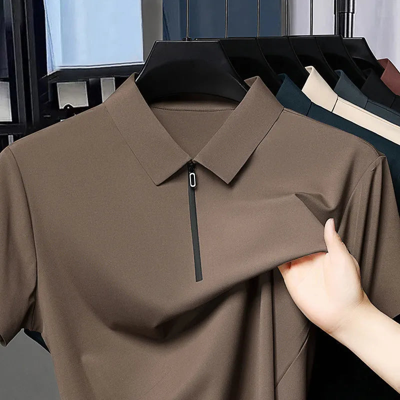 Men's half zipper seamless polo shirt in solid colour with short sleeves, ice silk fabric, regular fit