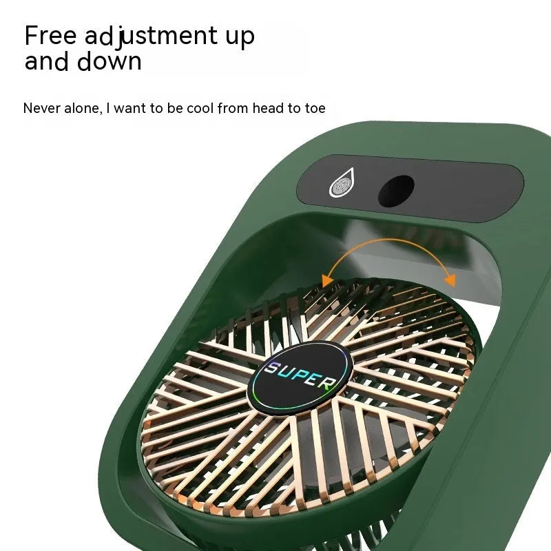 Green and white portable USB misting fan with water tank and adjustable vents