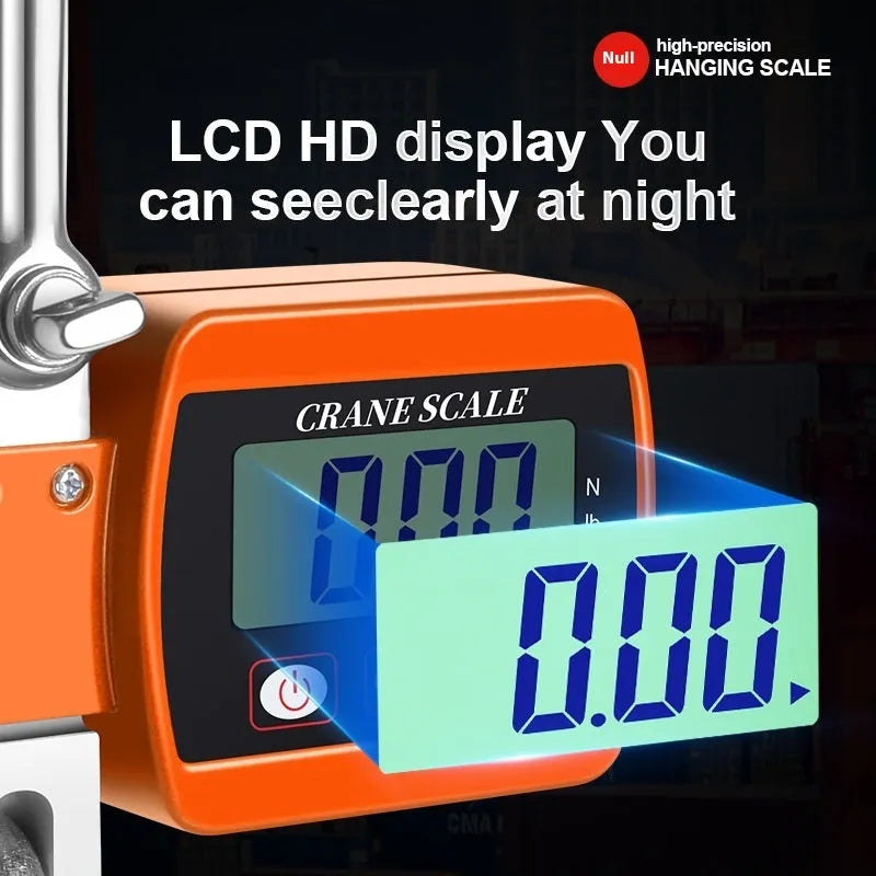Electronic hook scale with digital display showing weight measurement, available in blue, orange, and white colours