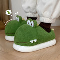 Warm fuzzy dinosaur design slippers for kids in green suede with EVA sole, indoor wear