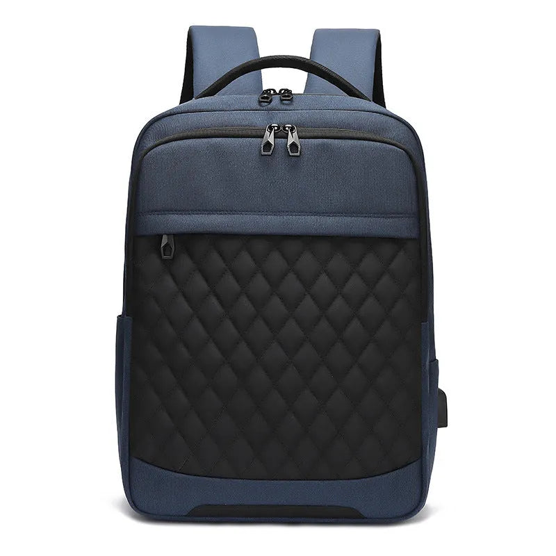 Men's solid colour Oxford cloth backpack with curved shoulder strap in black, blue, or grey.