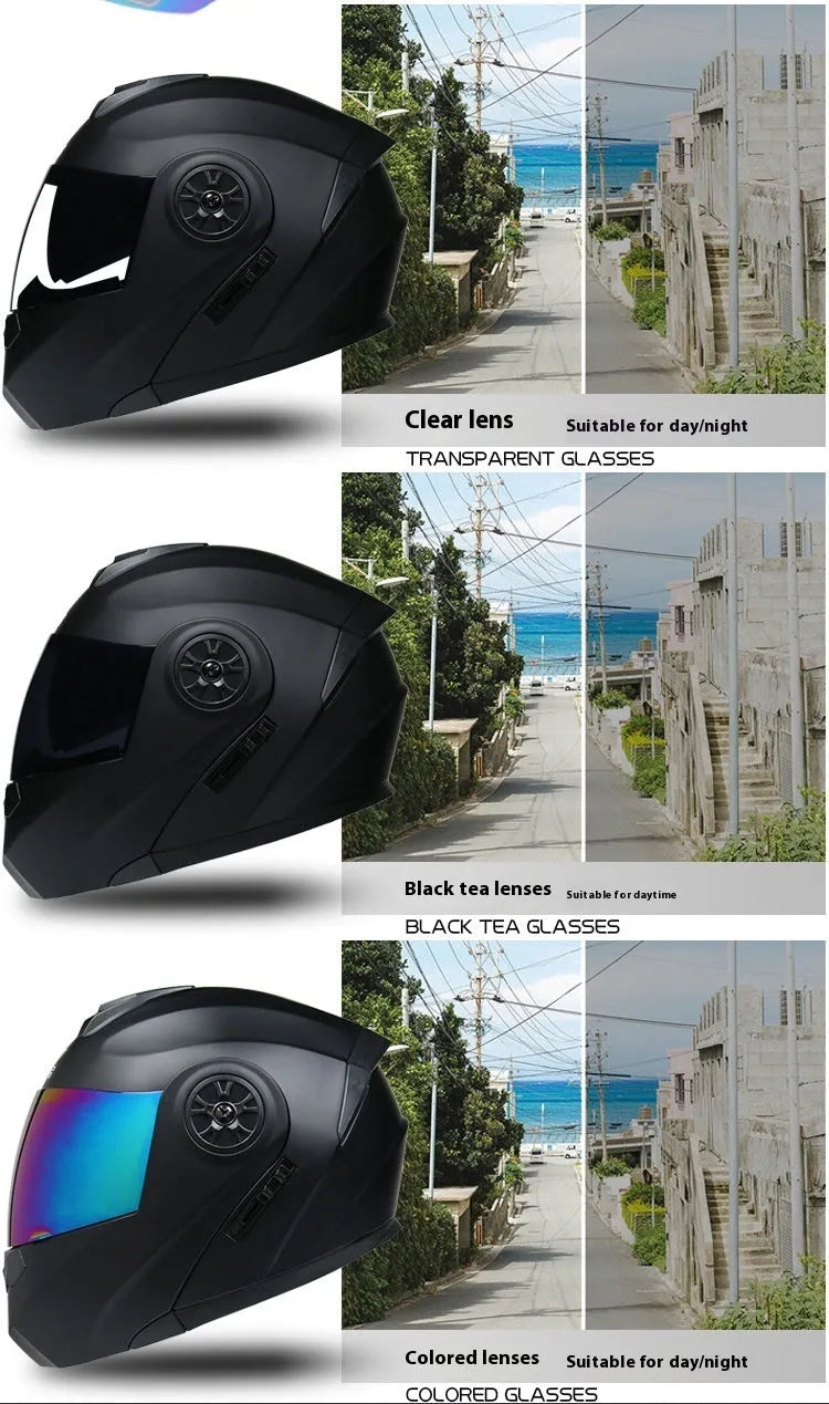 Full face ABS motorcycle helmet in matte black with black ribbon detailing, S to XL sizing options