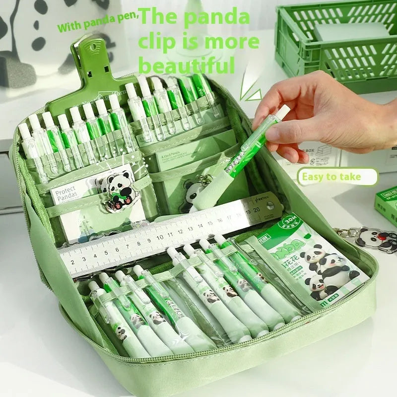 Green canvas 12 layer panda pencil case with Korean style design, open to show multiple compartments.