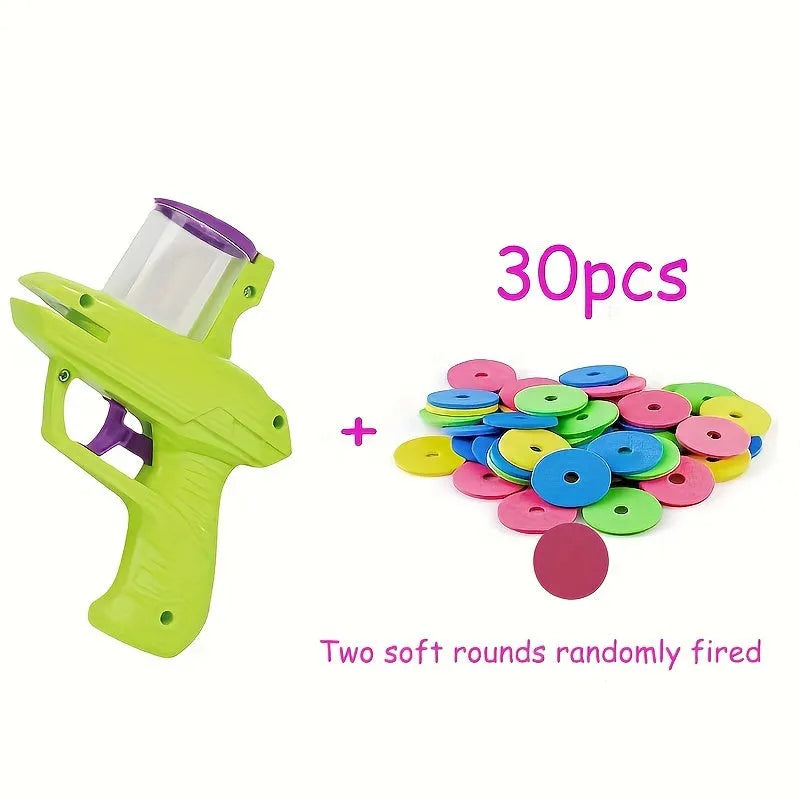 Green and purple battery-free interactive cat toy launcher with foam disc