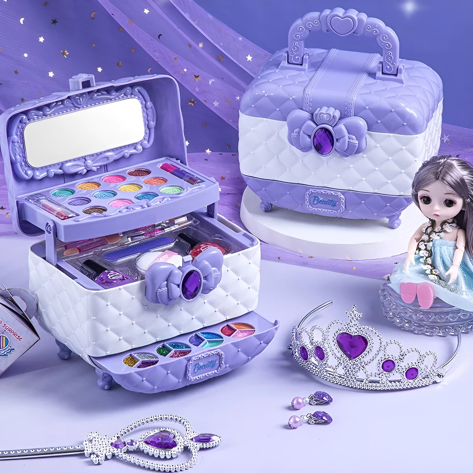 Children's pretend play makeup kit in pink suitcase with water-soluble cosmetics for ages 4-6