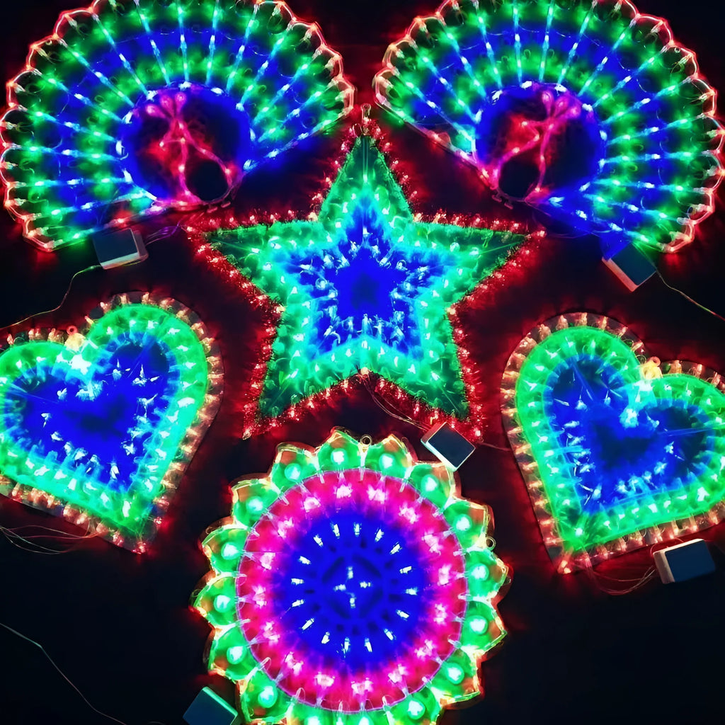 Christmas Festival plug-in outdoor decorative string lights with colour-changing peacock lamp, heart, sunflower, and star designs