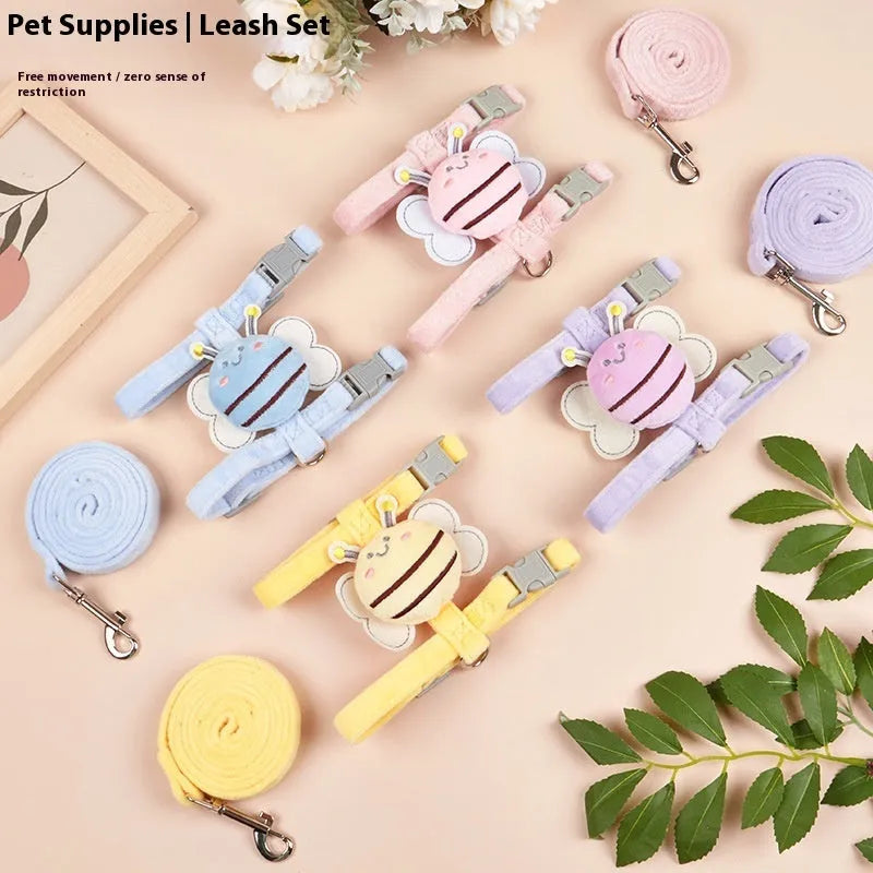 Bee-shaped adjustable cat harness and leash set in blue, pink, or yellow colour.