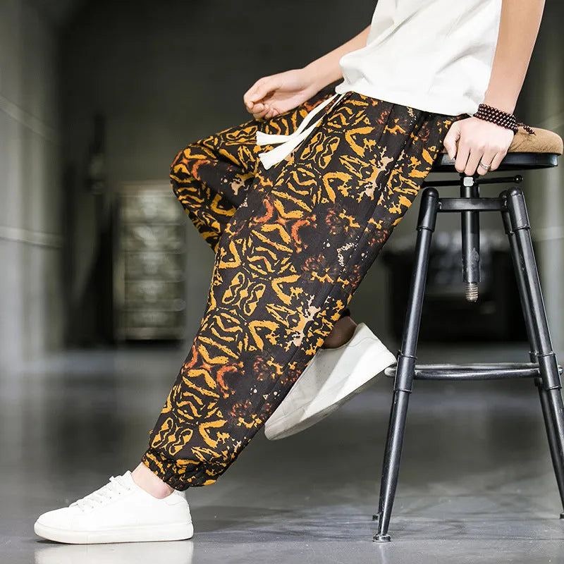 Men's cotton wide leg casual trousers with print, loose fit, available in multiple colours and sizes