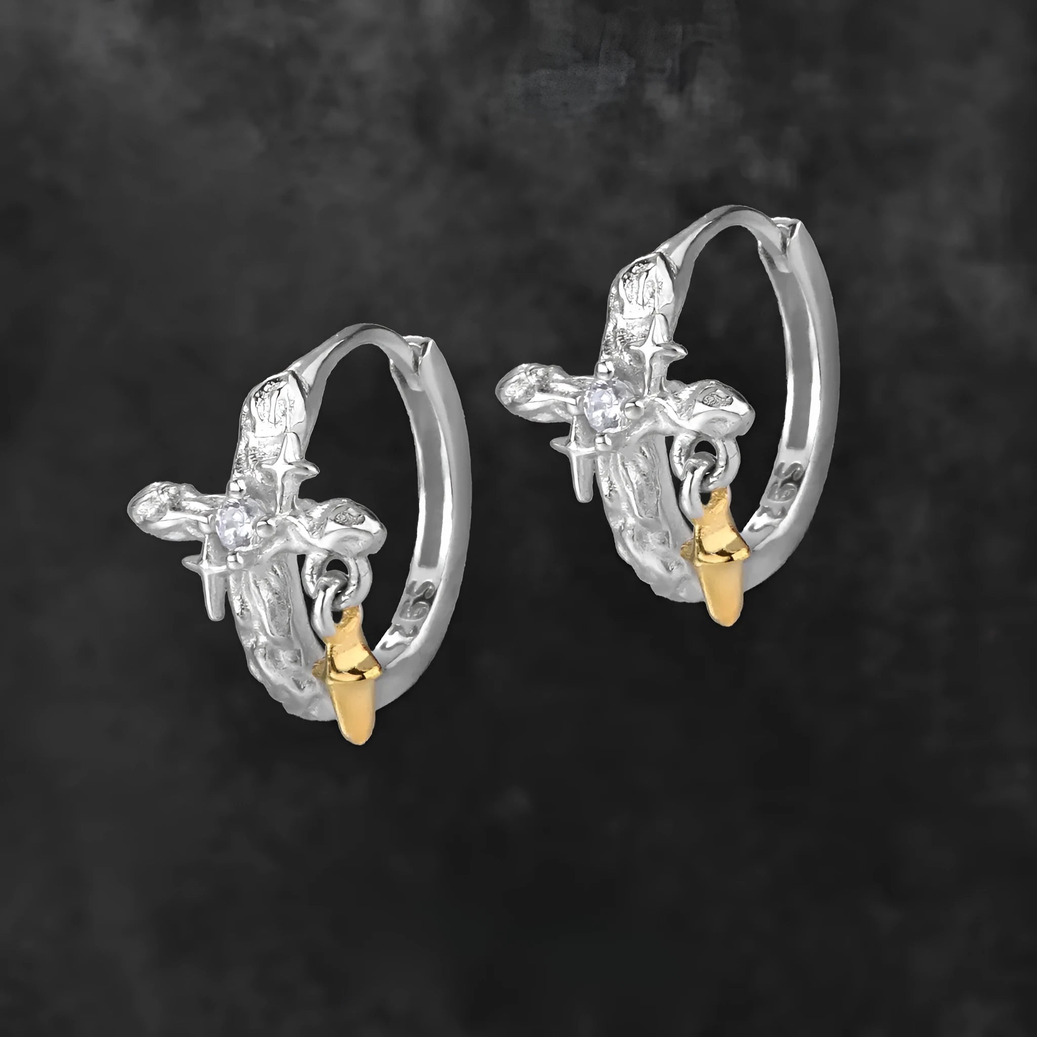 925 sterling silver geometric cross earrings with white gold tone finish and round decorative elements