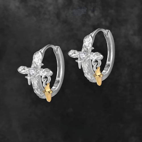 925 sterling silver geometric cross earrings with white gold tone finish and round decorative elements