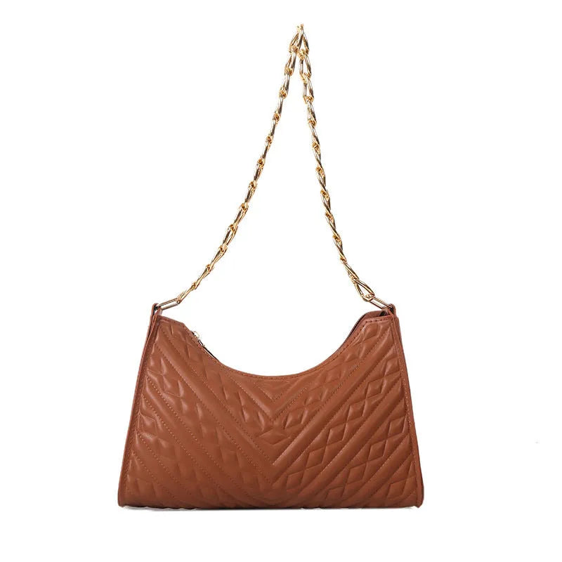 Brown PU leather pleated chain baguette shoulder bag showing adjustable strap and square shape