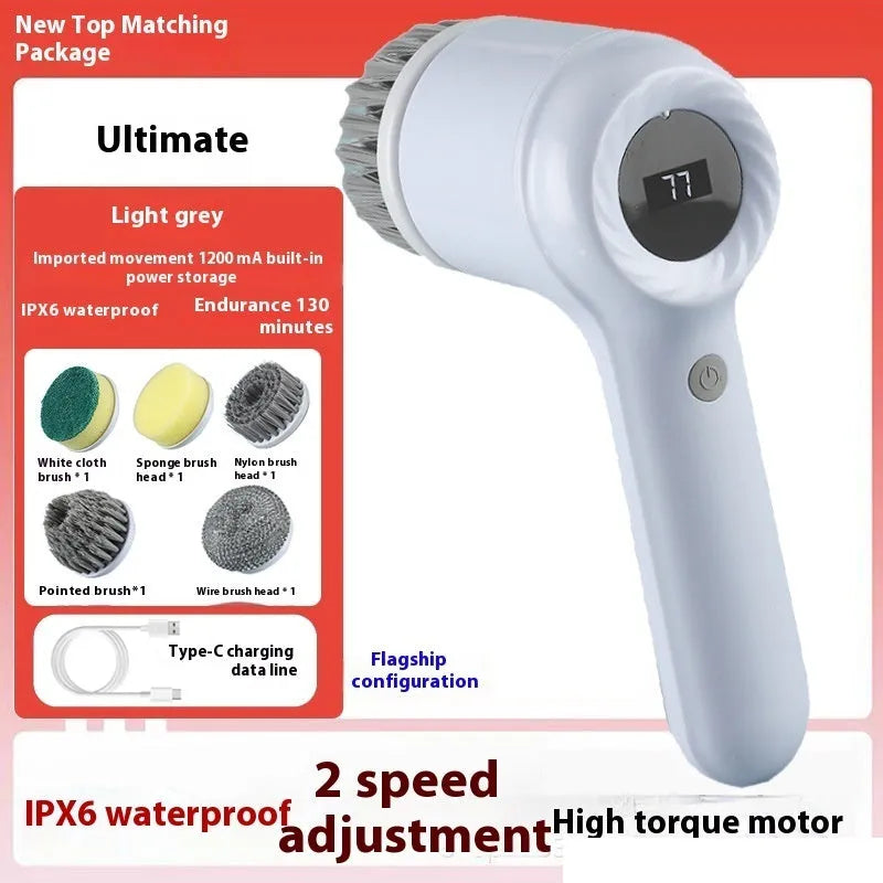 USB electric cleaning brush in light grey or purple colour with interchangeable cleaning heads