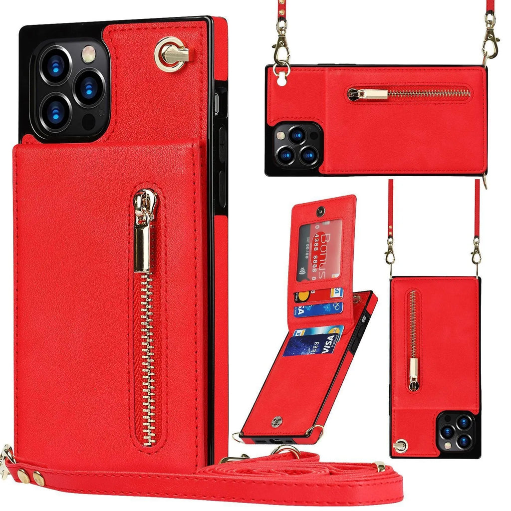 A black leather mobile phone case with a TPU bumper fitted on a smartphone.
