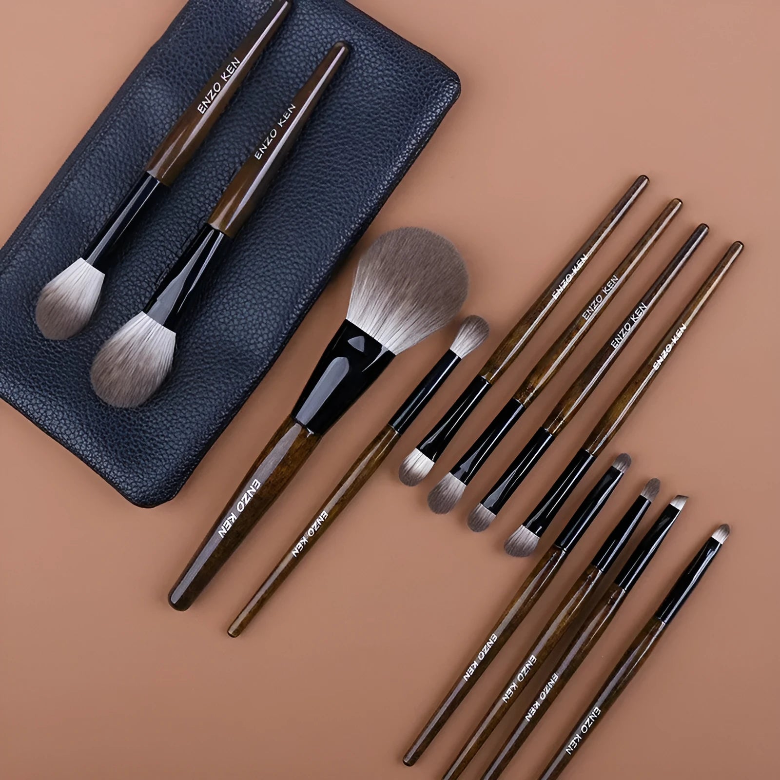 12 piece makeup brush set with artificial fibre brush heads and wooden handles in PU storage bag