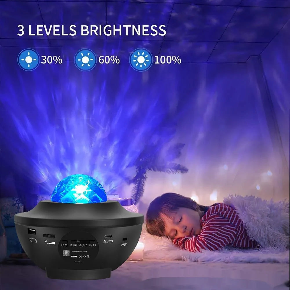 Black parallel style starry sky projection lamp with remote control on desktop