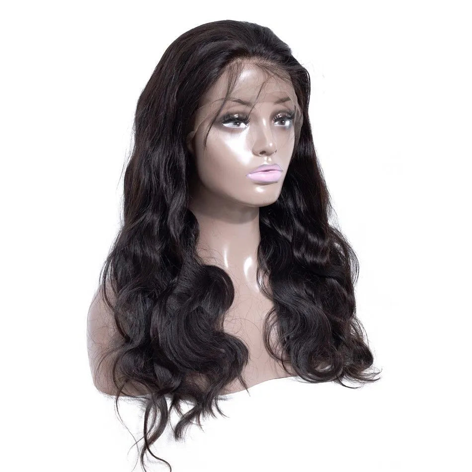 Lace front human hair wig in black, shown in a 16 inch length with natural hairline