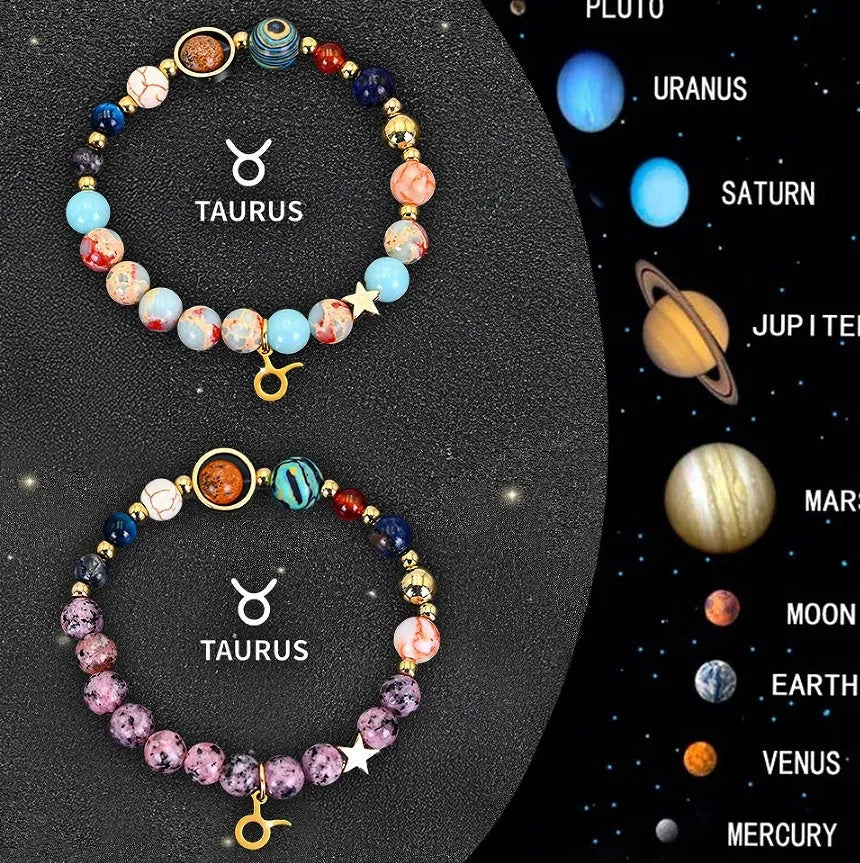 Set of twelve natural stone beaded bracelets, each showing a different zodiac sign design on an elastic cord.