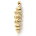 Golden synthetic hair weft wig for women, shown in 18, 20, and 22 inch lengths.