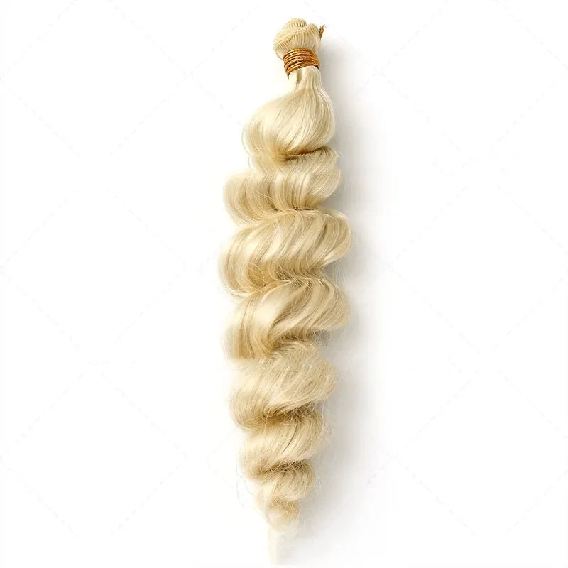 Golden synthetic hair weft wig for women, shown in 18, 20, and 22 inch lengths.