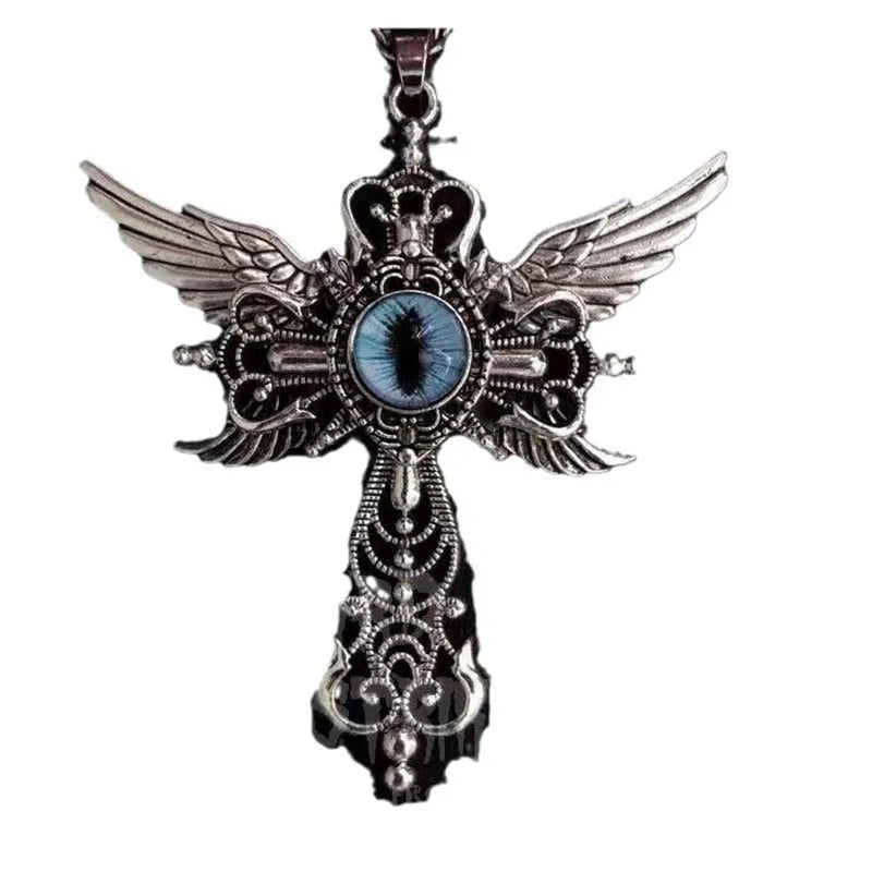 Close-up of a creative devil wings cross pendant necklace in alloy, showing geometric wing details.