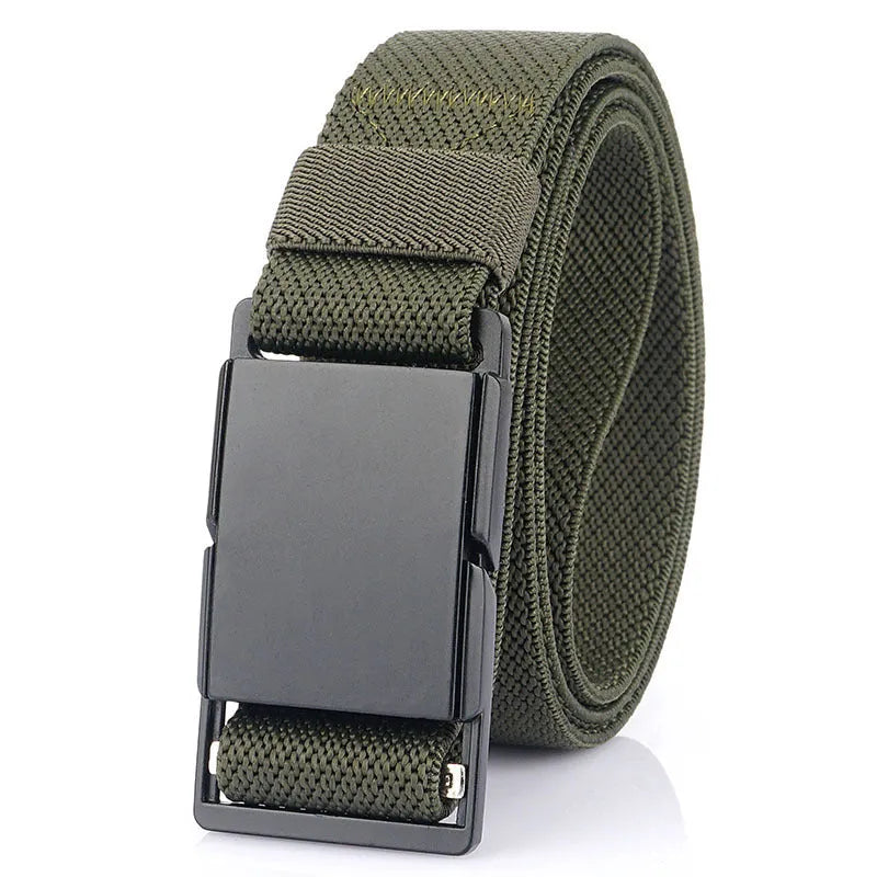 Casual polyester belt with a silver metal magnetic buckle in dark khaki colour.