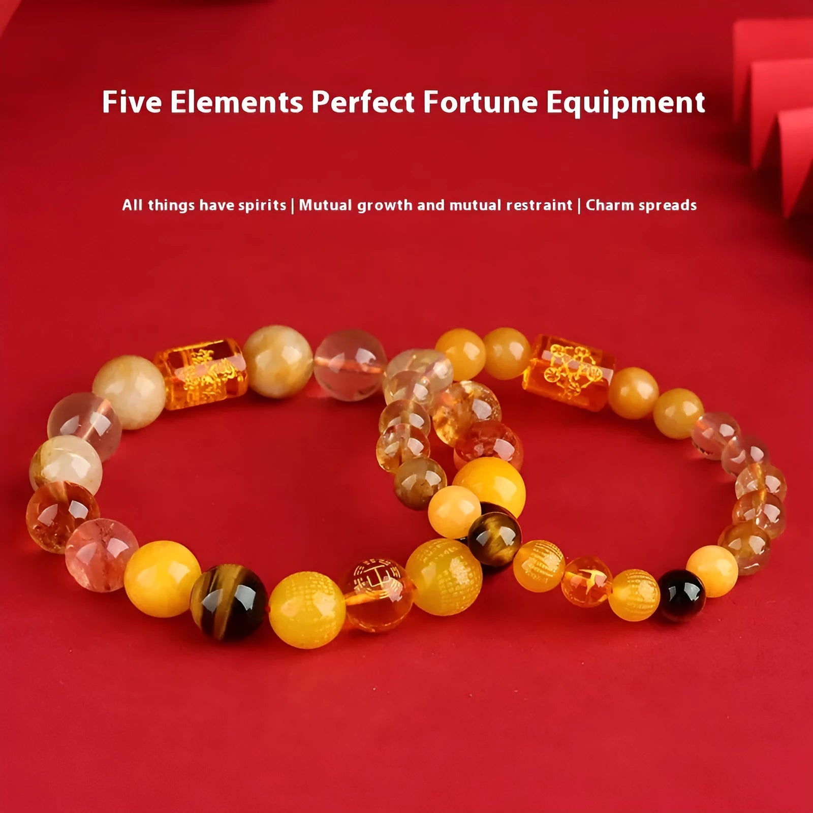 Five elements natural crystal bracelet with handmade geometry beads in gold wood water fire earth colours