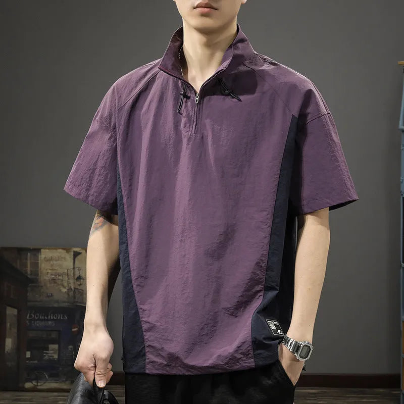 Brown men's half-zip stand collar short-sleeved shirt on a hanger