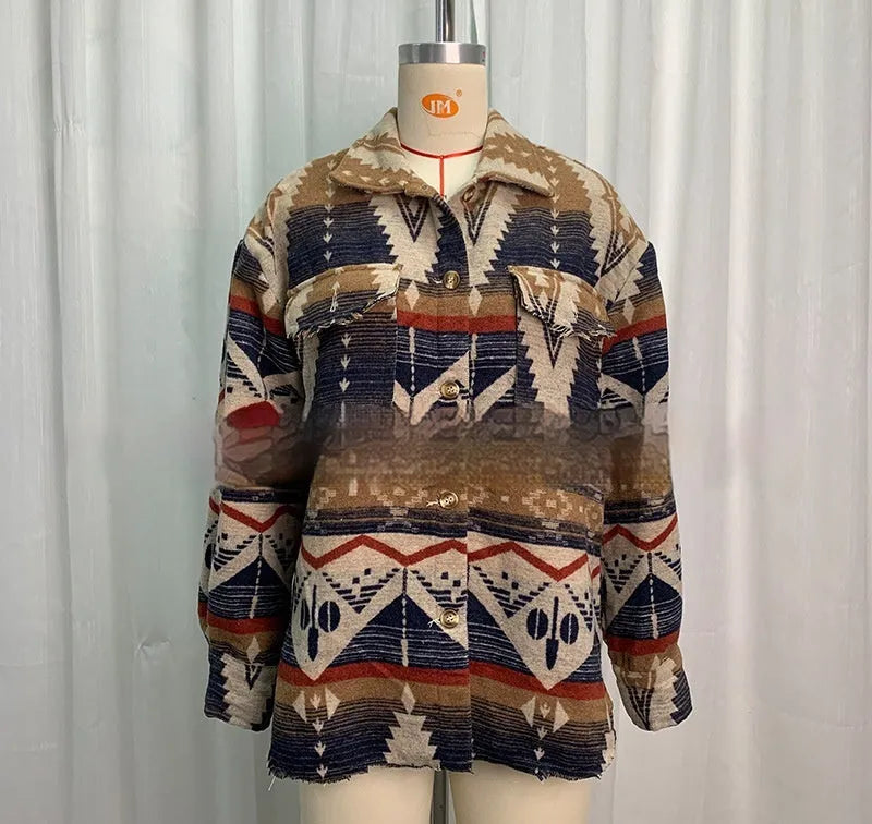 Women's retro style Aztec print woolen jacket in three colour options with long sleeves