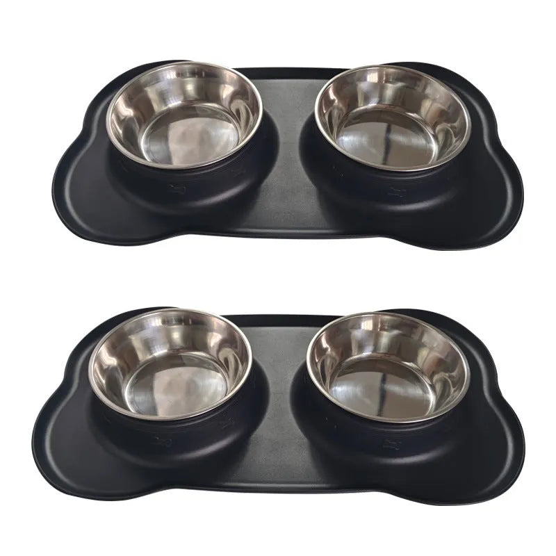 Large silicone double dog bowl with stainless steel inserts in blue colour showing two separate feeding compartments