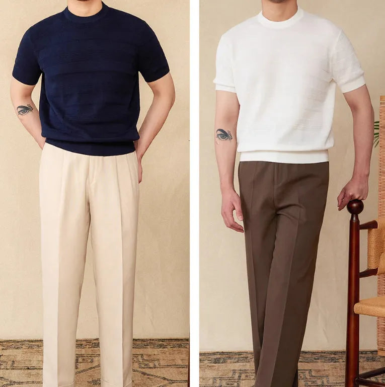 Men's retro-style short-sleeved cotton T-shirt on a hanger, shown in off-white and royal blue colour options.