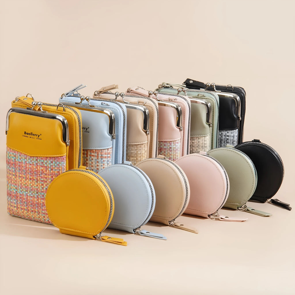 Women's black PU leather crossbody phone bag with adjustable strap, square vertical shape.