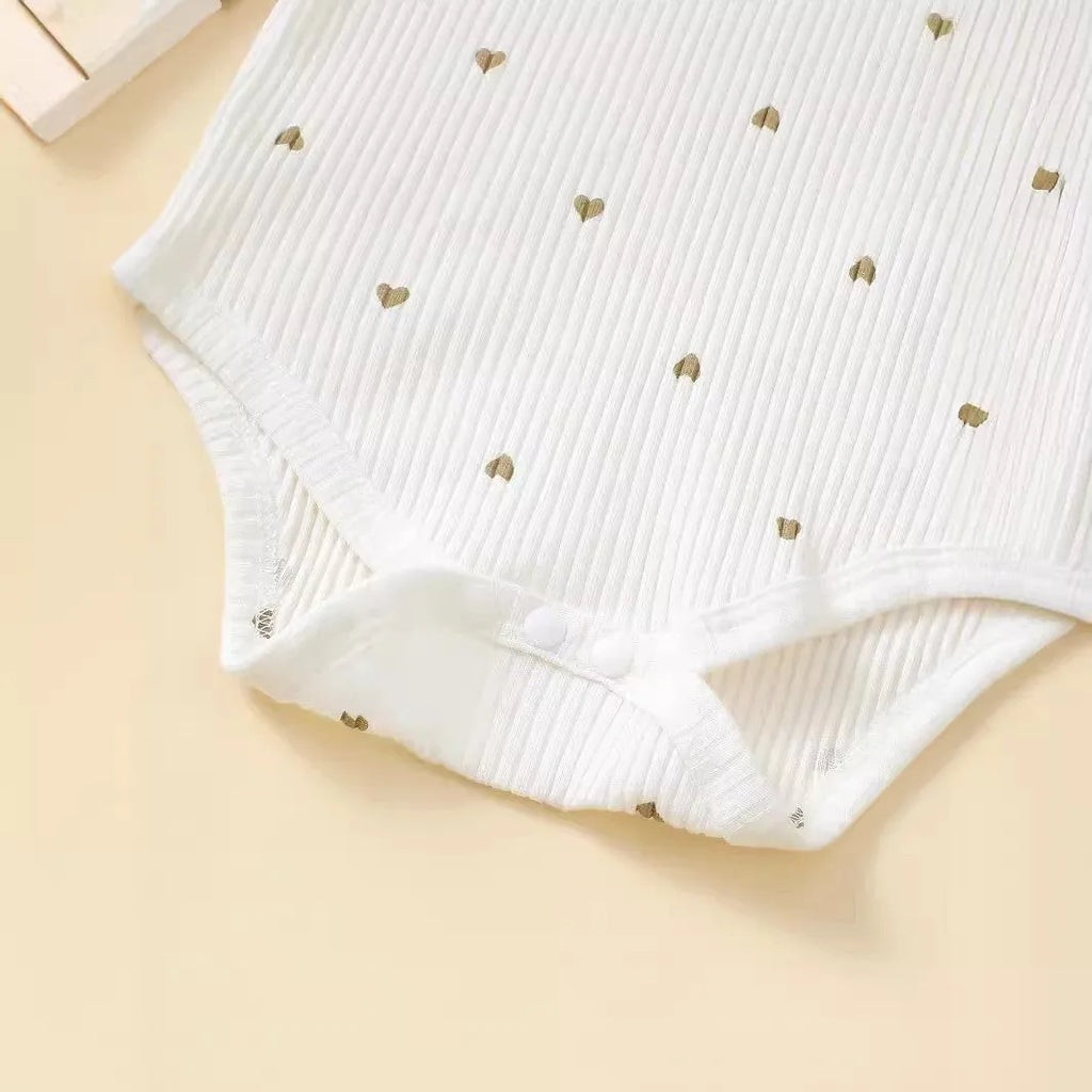 White cotton sunken stripe stitching baby suit set with top, long pants, and hair tie for 0-18 months