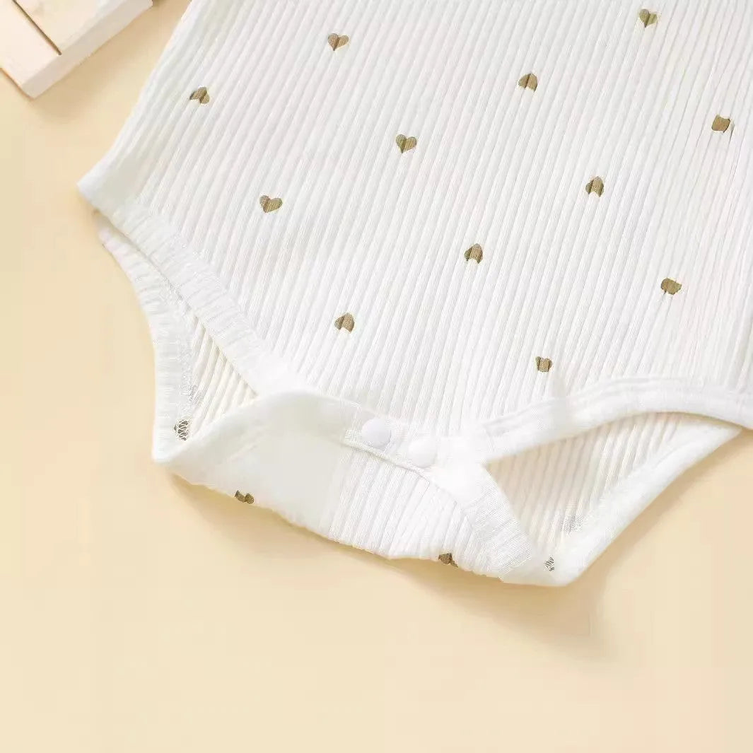 White cotton sunken stripe stitching baby suit set with top, long pants, and hair tie for 0-18 months