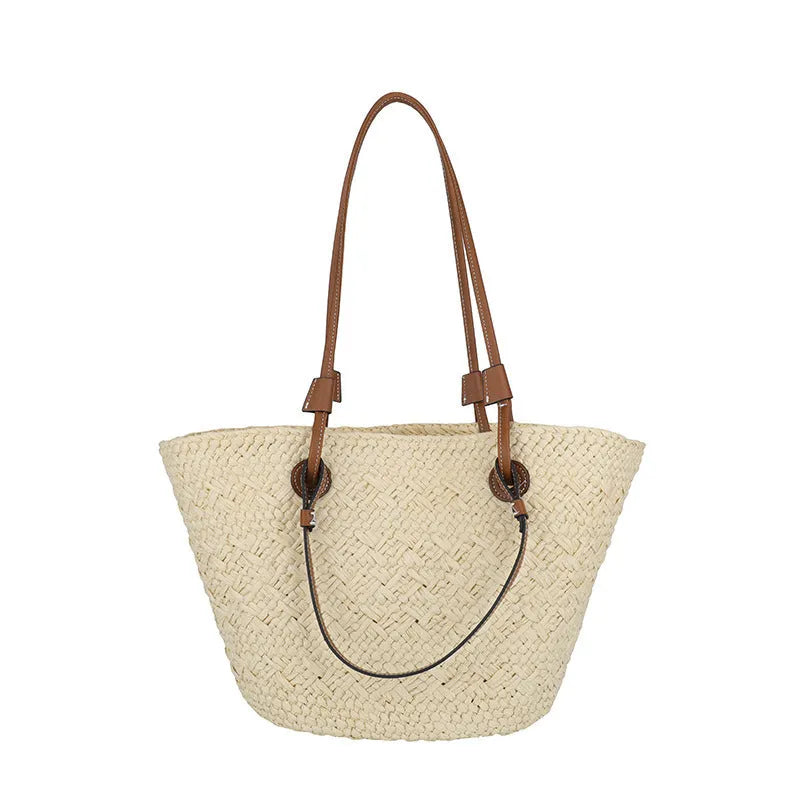 Retro style woven shoulder and hand bag in khaki colour with horizontal square design