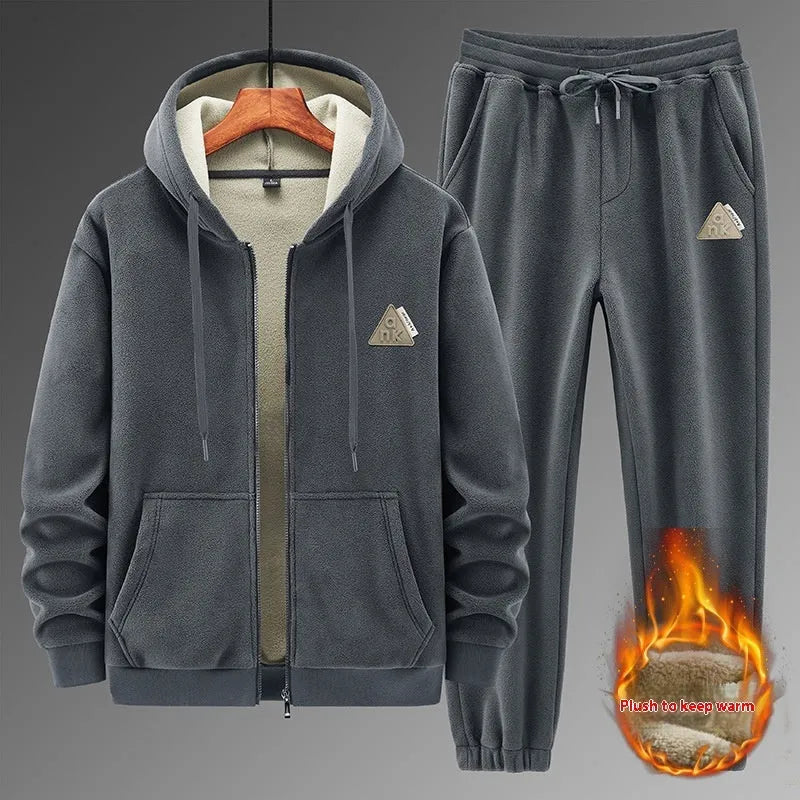 Grey men's hooded sweater and matching cotton blend pants from a casual sports suit set.