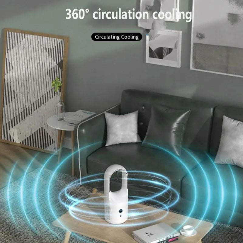 White bladeless desk fan with LED display on a wooden desk