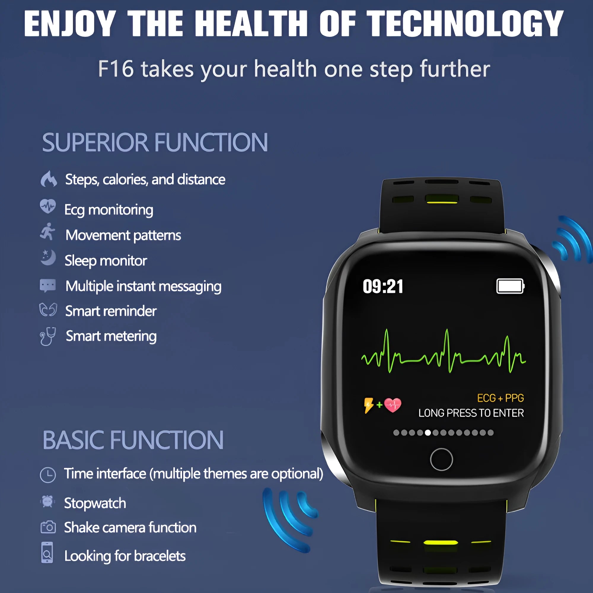 F16 Smart Watch with ECG monitor on a silicone wristband, showing the 43mm IPS display.