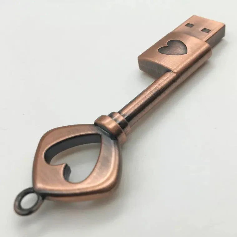 Heart shaped bronze metal USB pendant flash drive with keychain loop