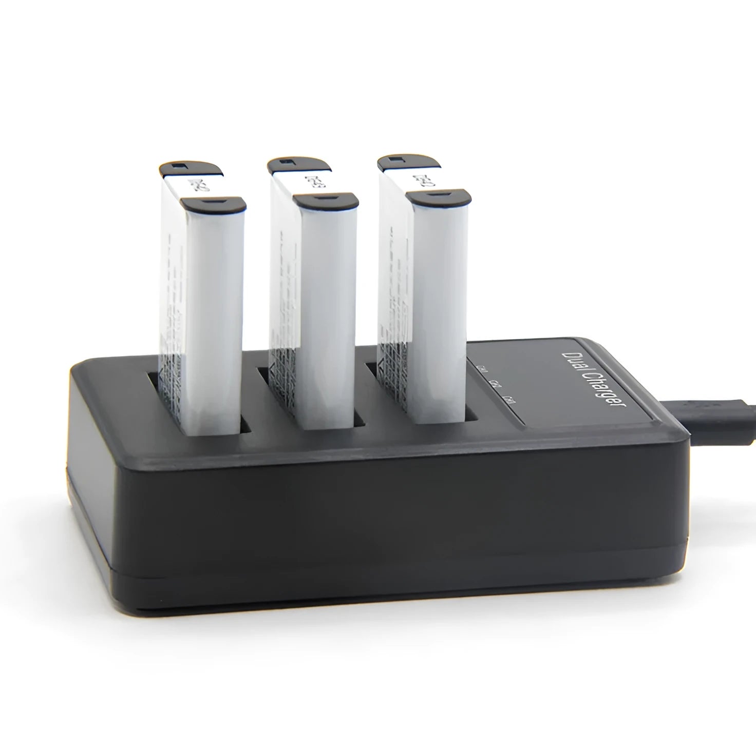 Vertical USB charger for digital camera, black, three slots, Micro-USB input, anti-slip base